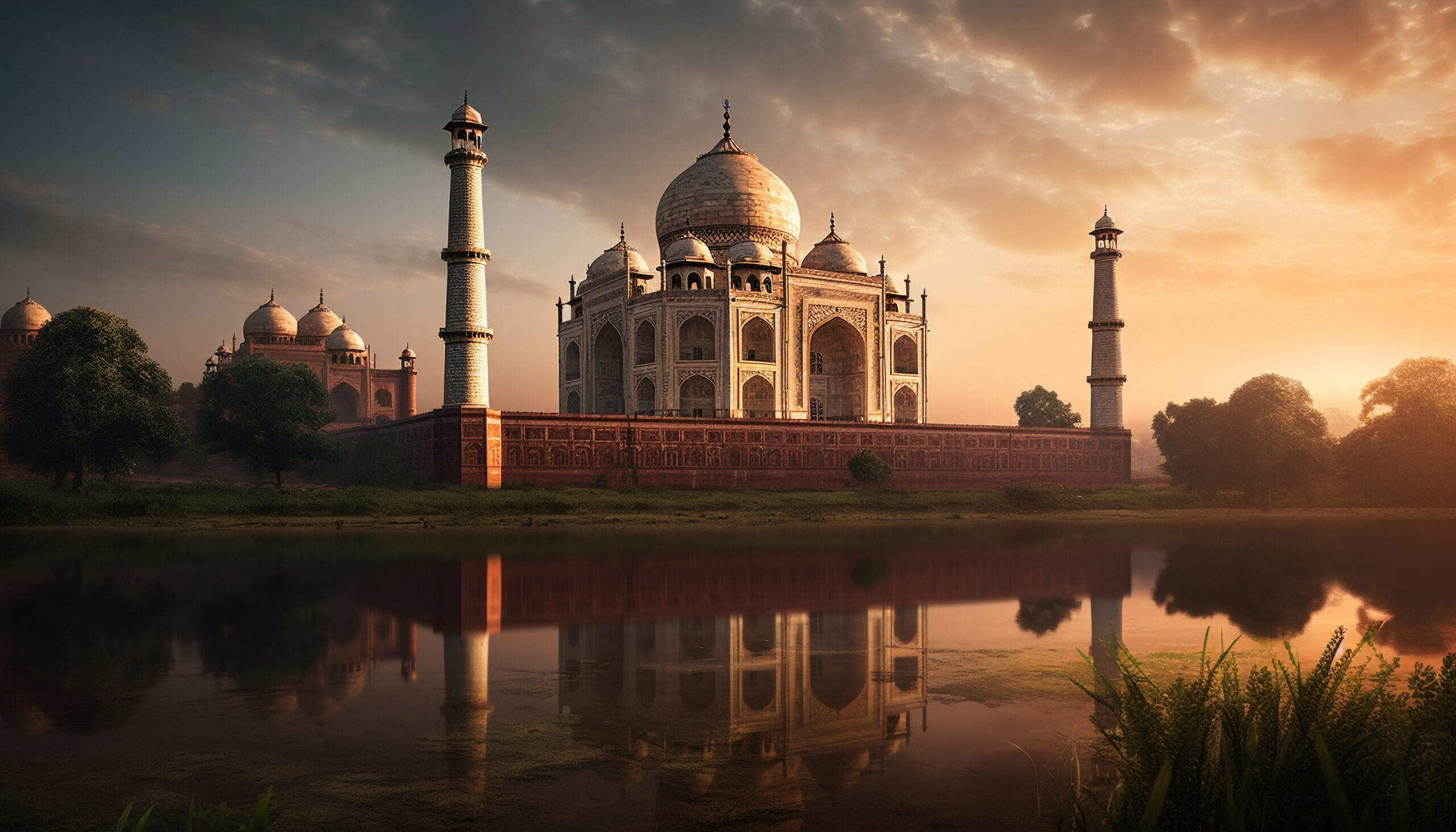Sunset reflection on ancient mausoleum marble tomb generated by artificial intelligence
